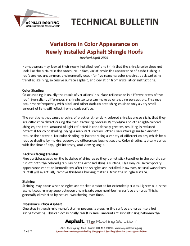 ARMA Variations in Color Appearance on Newly Installed Asphalt Shingle Roofs